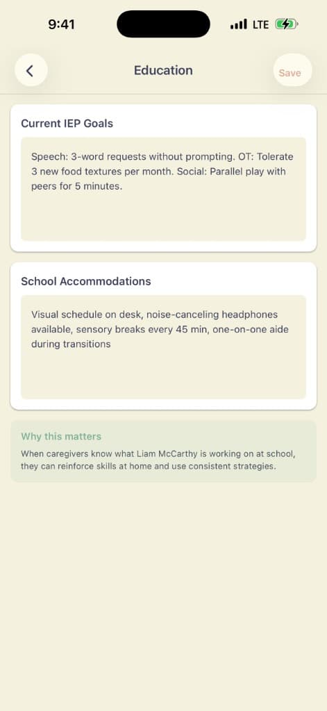 Carevazo education screen with IEP goals and school accommodations