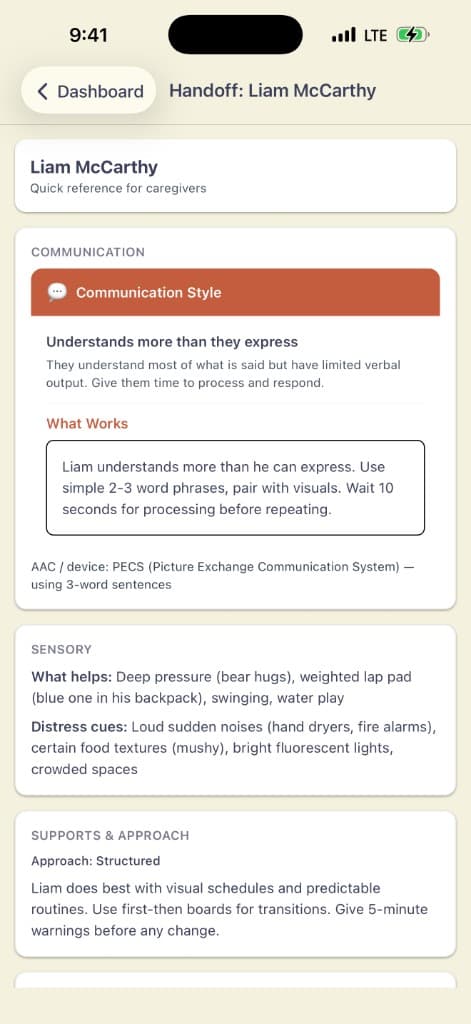 Carevazo handoff view showing communication style, sensory supports, and approach notes