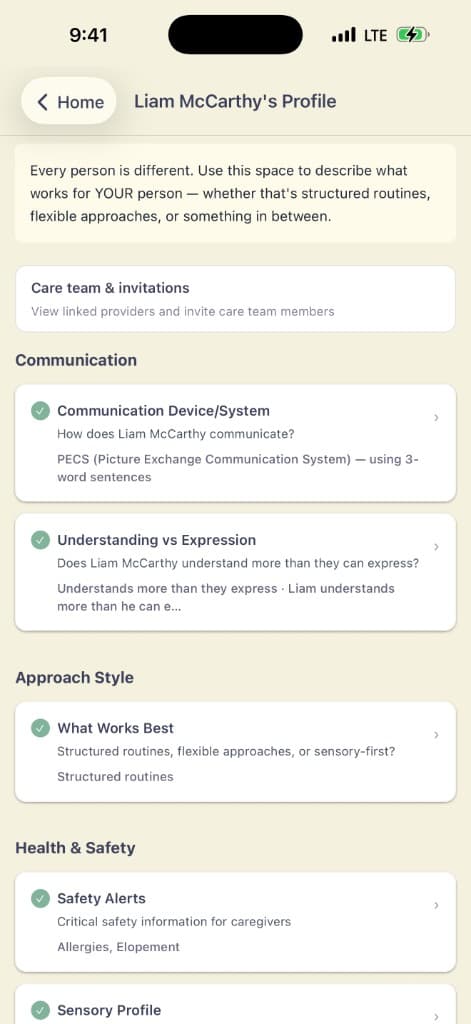 Carevazo profile sections showing communication, health, safety, and education areas
