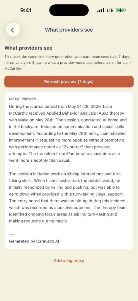 Provider preview narrative for Liam