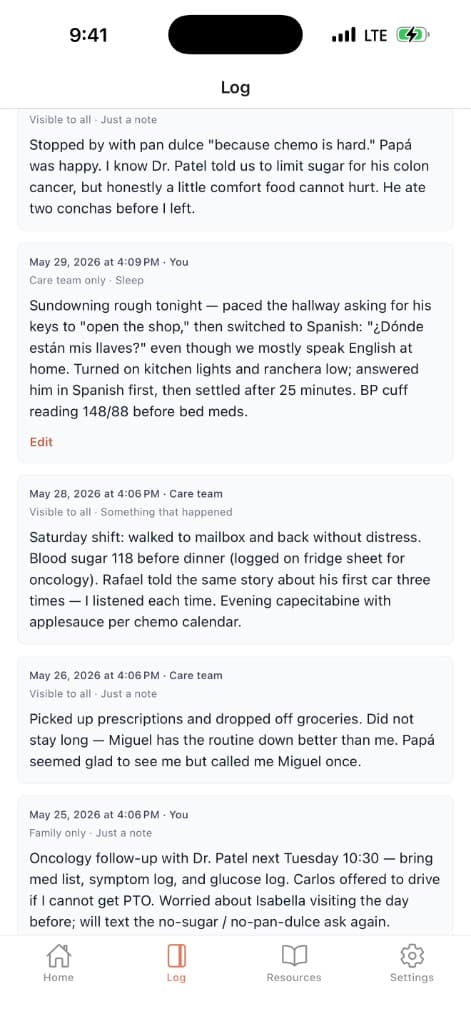 Elder care journal entries