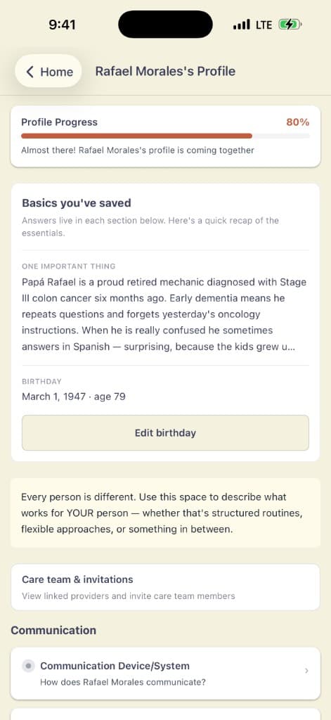 Carevazo elder care profile for Rafael Morales showing preferences and care context